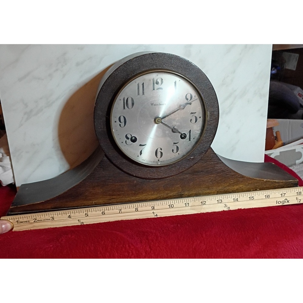 Antique Waterbury Mantel Clock Dark Wood Tambour Mechanical Chime Vintage USA